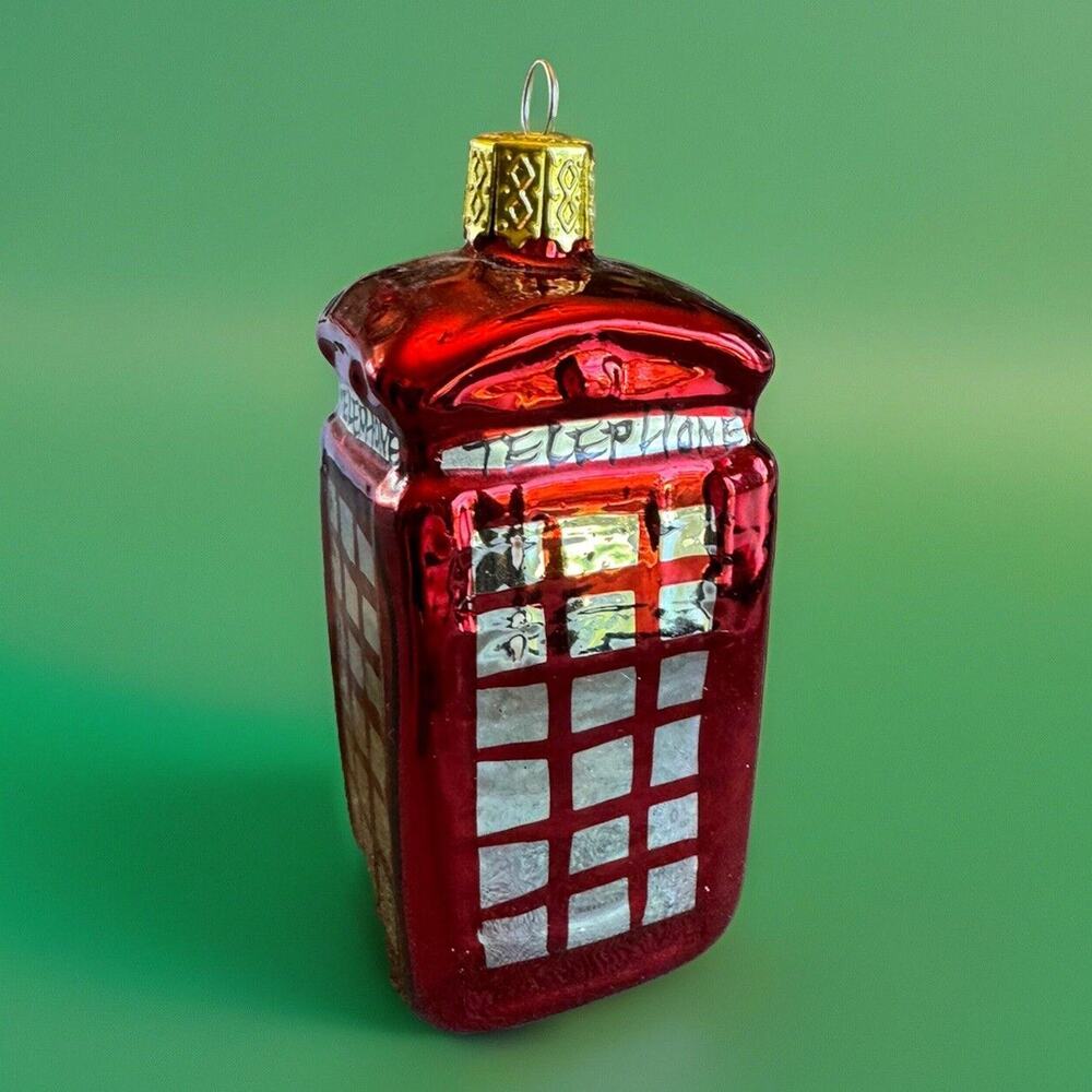 Vintage Blown Glass Phone Box Telephone Booth Christmas Ornament Set Of 4 EUC